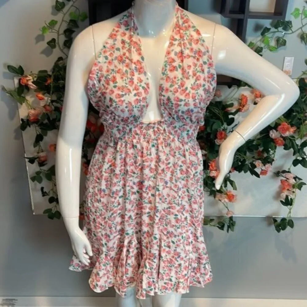 Cupshe Floral Cut Out Halter Skater Ditsy Print Backless Tie A-Shape dress Large